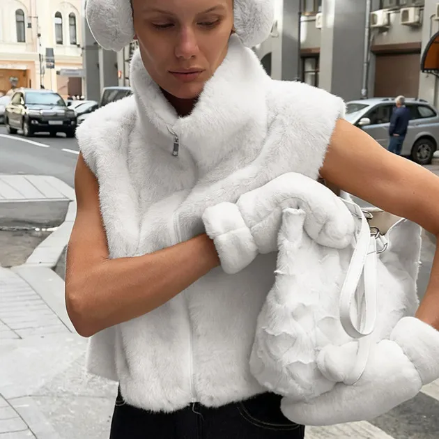 Faux Fur Stand Collar Sleeveless Top Cardigan Solid Color Zipper Vest Women's Vest - White