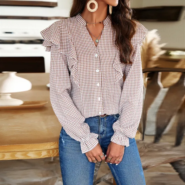 Women's Commuter Long Sleeve Ruffled Shirt Khaki - Shop at LoveMi