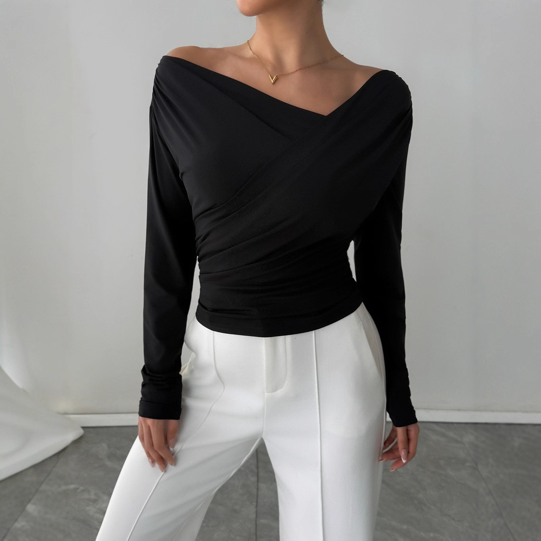 European And American Solid Color Fashion Shoulder Collar Shoulder-baring Slimming Long Sleeve Commuter Top