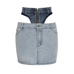 Women's Fashion Elegant Stitching Contrast Colour Hip Skirt - Blue - View 1