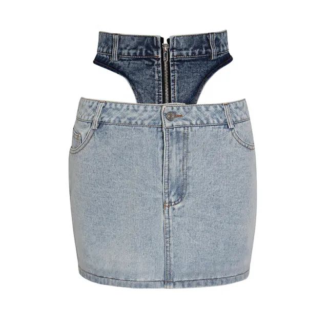 Women's Fashion Elegant Stitching Contrast Color Hip Skirt Blue - Shop at LoveMi