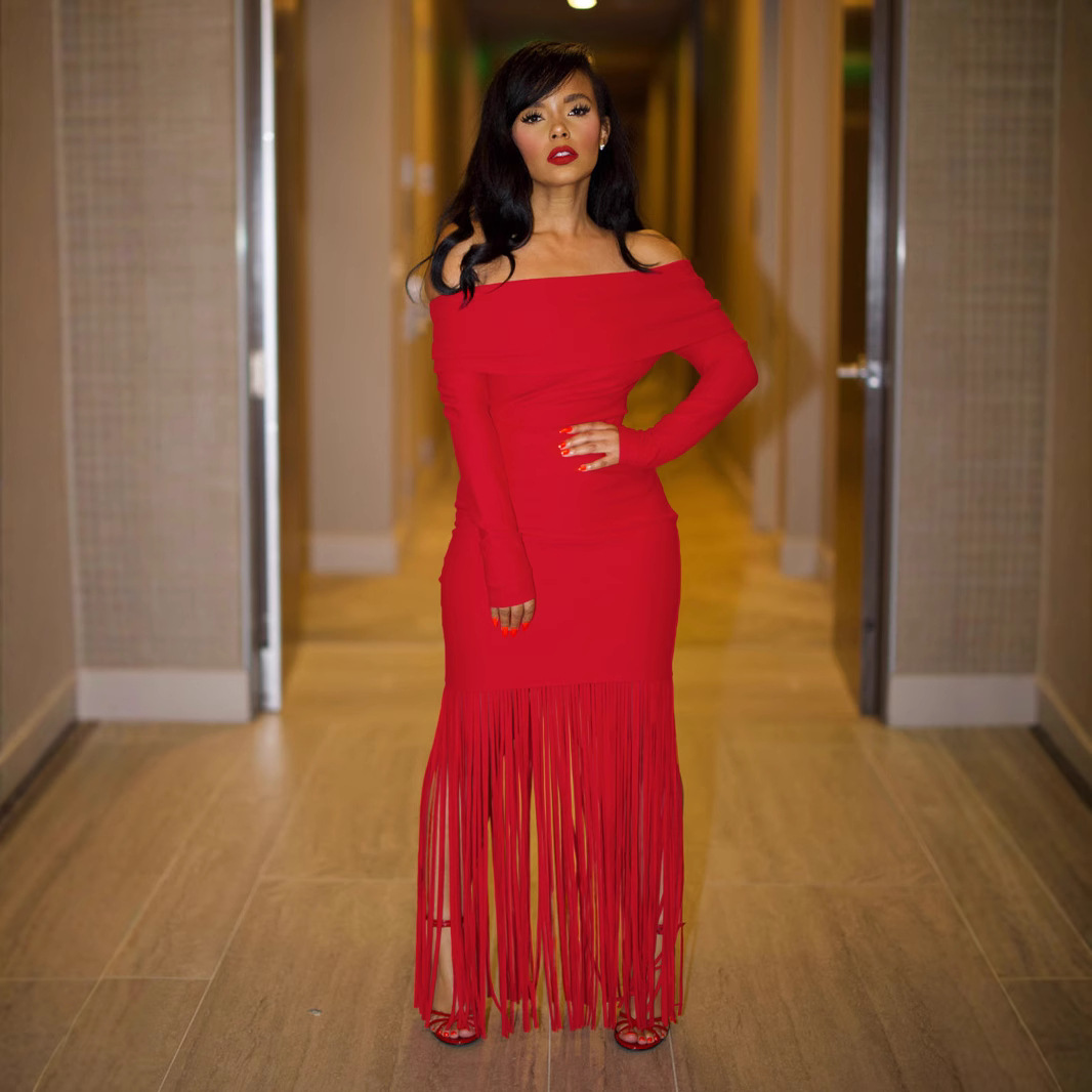 Sexy Off-shoulder Elegant Figure-flattering Long-sleeve Tassel Sheath Dress