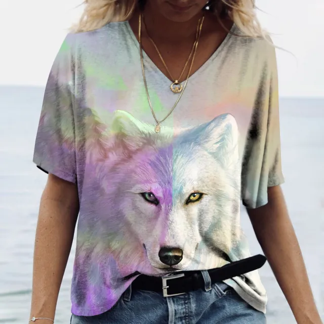 Women's Face Print Short Sleeve V neck Nt07 Vt05 M - Shop at LoveMi