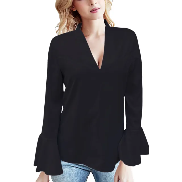 European And American Low Cut Rhinestone High Collar Solid Color Lotus Leaf Long Sleeve Shirt Black - Shop at LoveMi