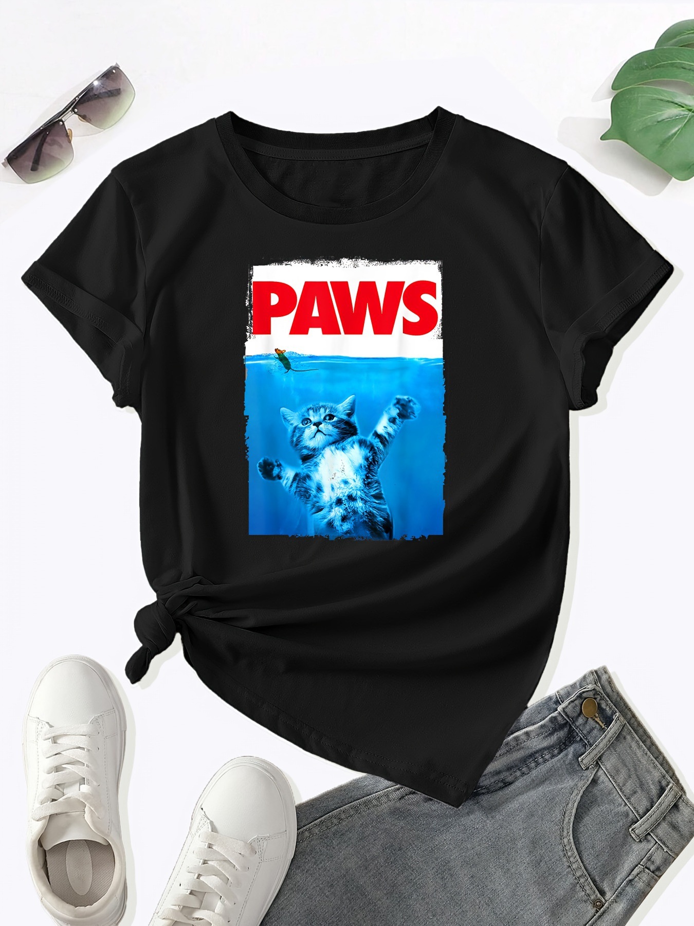 Cat-print Crew-neck T-shirt Casual Short-sleeve Top For Spring