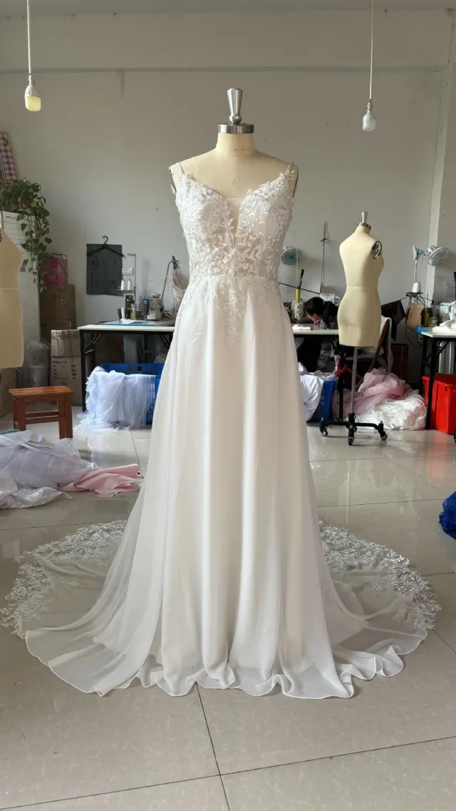 Strap Fishtail Wedding Dress Bridal Slim Satin Lace Dress Beige - Shop at LoveMi