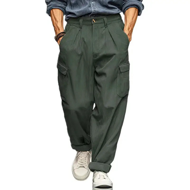 Mens Relaxed-fit Retro Straight-leg Casual Trousers With Multiple Pockets
