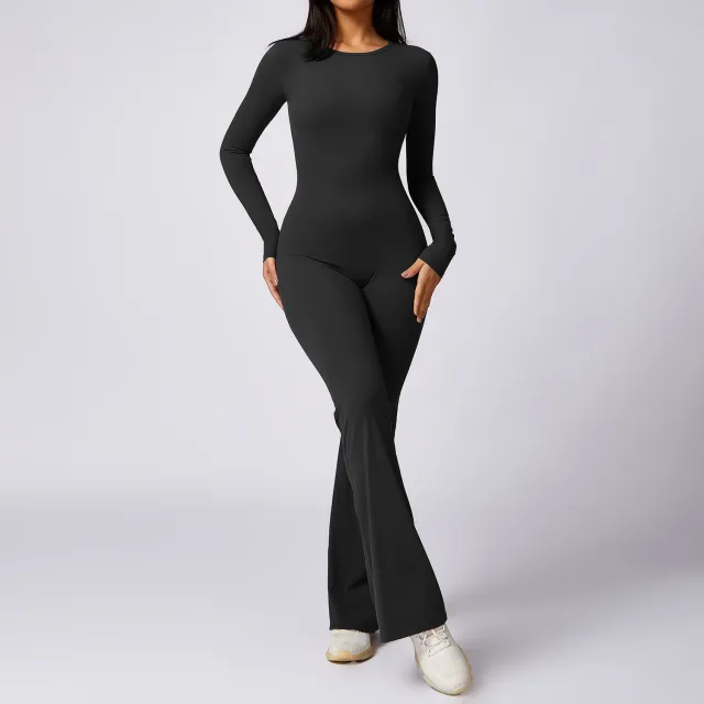Leisure Horn Long Sleeve Yoga Jumpsuit Naked Women Feeling Tight Quick drying Sports Workout Black - Shop at LoveMi