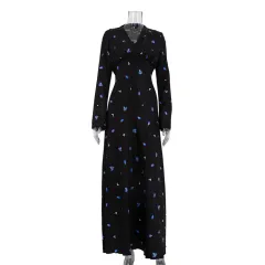 Elegant Printed Satin V-neck Long Sleeve Lace-up Dress - Black - View 1