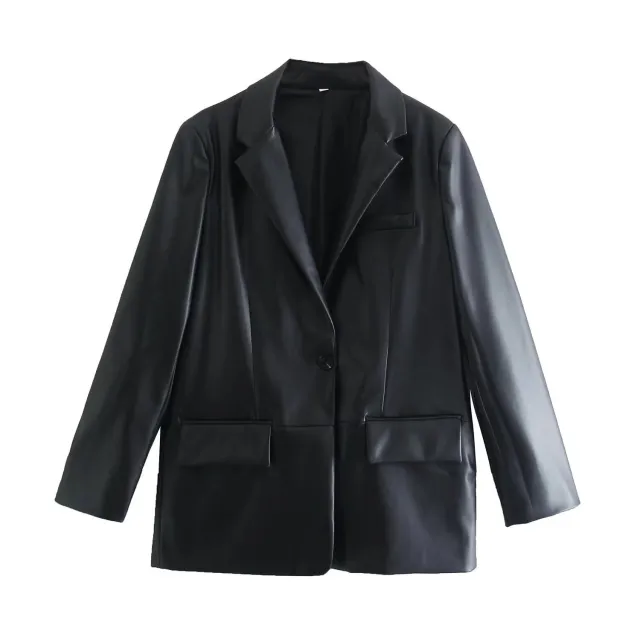 Simple Straight Leather Effect Blazer For Women Black - Shop at LoveMi