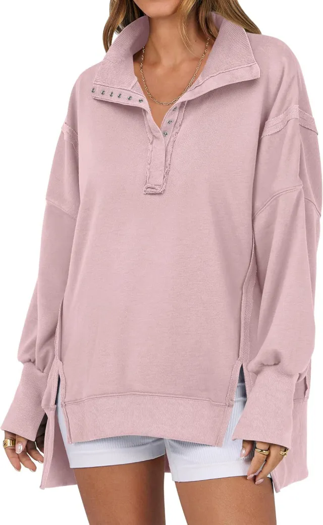 Decorative Moulding Design Blouse Split Lantern Sleeve Polo Collar Sweatshirt Pink - Shop at LoveMi