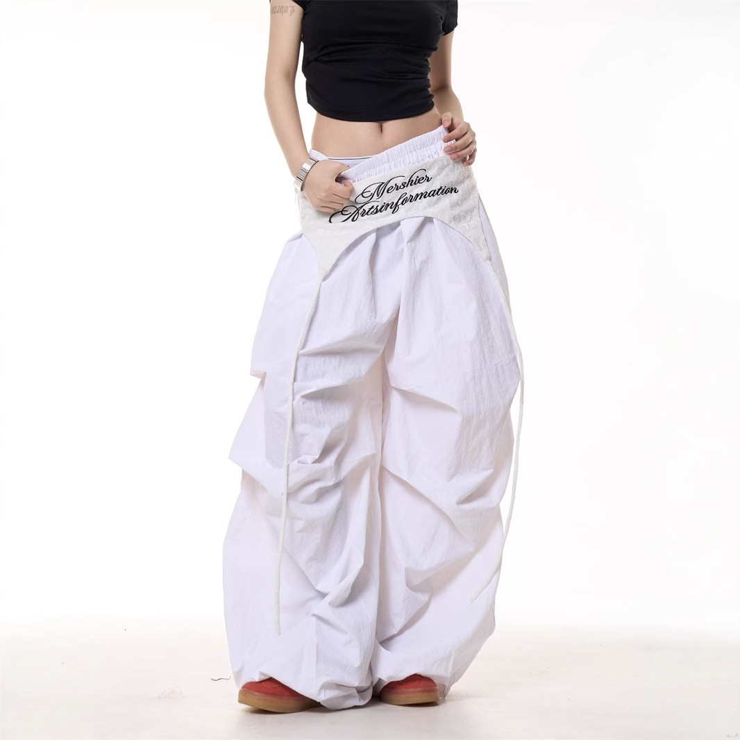 Womens Relaxed Casual American-style Layered Design Cargo Pants With Tie Details