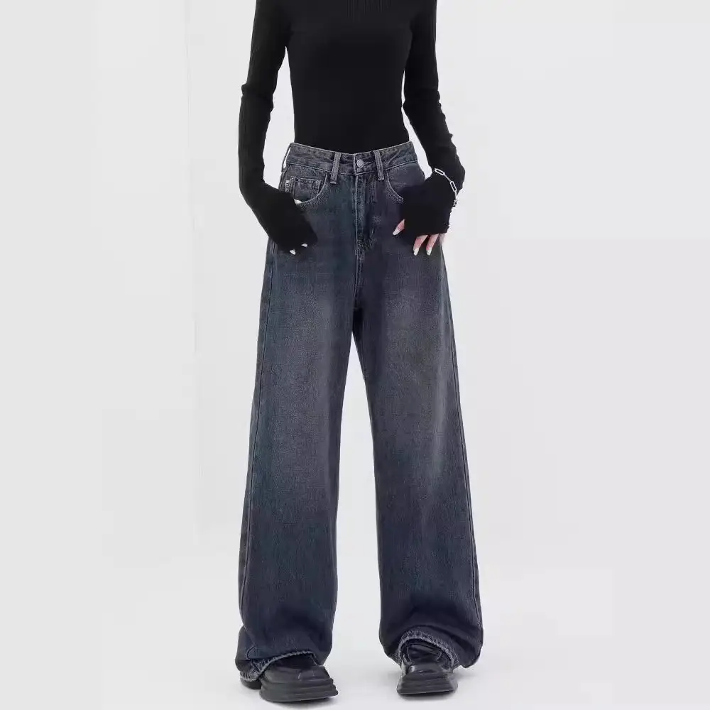 Retro Deep-blue Wide-leg Denim Jeans Womens Springsummer New Arrival
