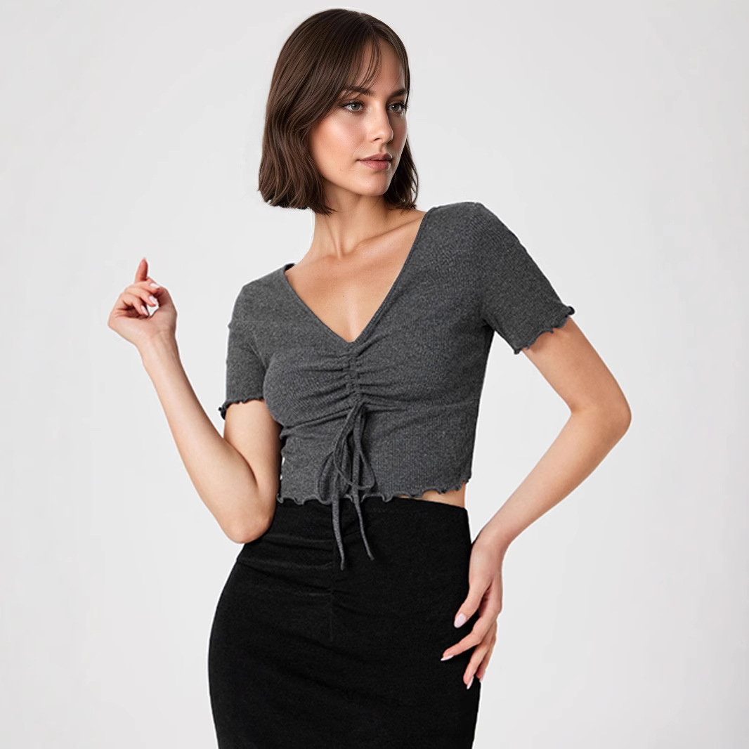 Chic V-Neck Drawstring Slimming Cropped Navel-Baring Sexy Short-Sleeve T-Shirt Top
