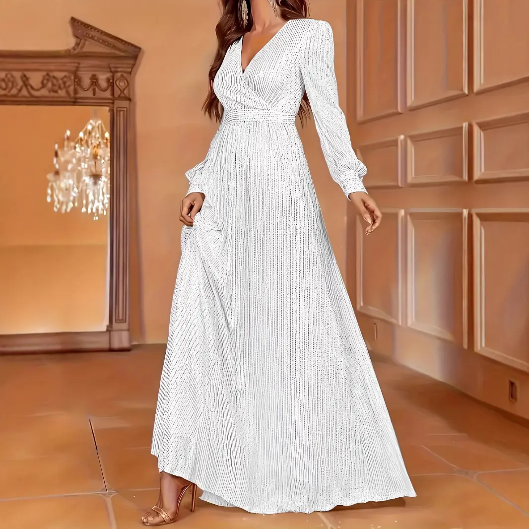 Elegant Dinner Sequined Long Sleeve V-neck High