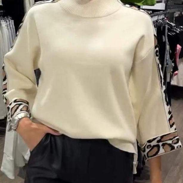 Fashion Women's Turtleneck Long Sleeve Leopard Splicing Top