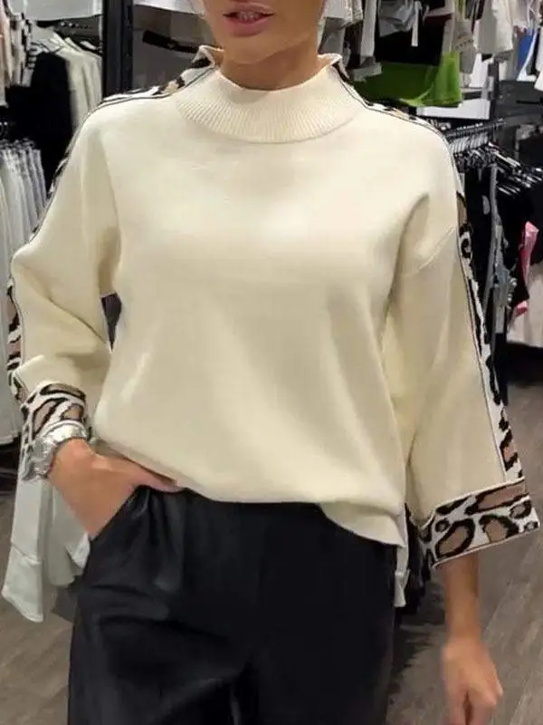 Fashion Women's Turtleneck Long Sleeve Leopard Splicing Top Apricot - Shop at LoveMi