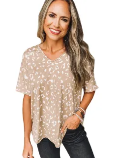 Leopard Print Short Sleeve Casual Thin Loose Top - Apricot Yellow - View 1