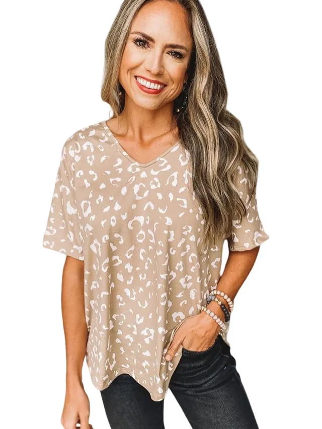 Leopard Print Short Sleeve Casual Thin Loose Top Yellow - Shop at LoveMi