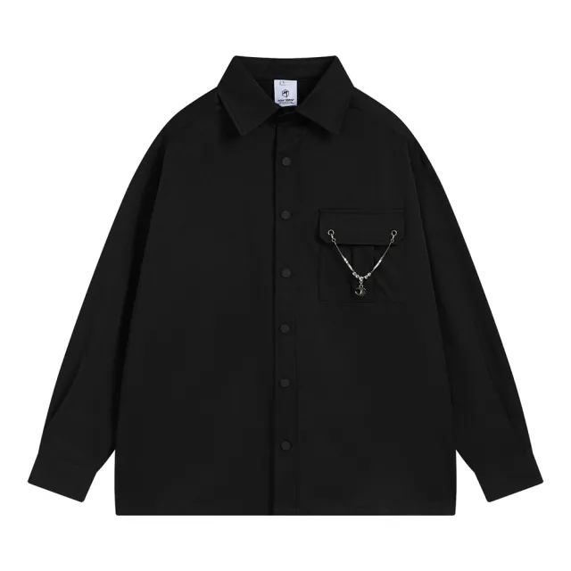 Dark Solid Color Personalized Necklace Pocket Long Sleeve Shirt Men's Loose Shirt Black - Shop at LoveMi