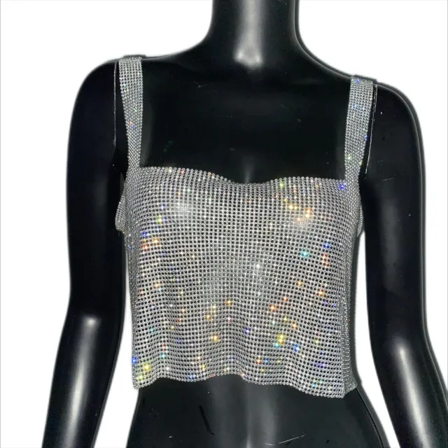 Women's Rhinestone Camisole Carnival Super Shiny Metal Rhinestone Top Silver - Shop at LoveMi