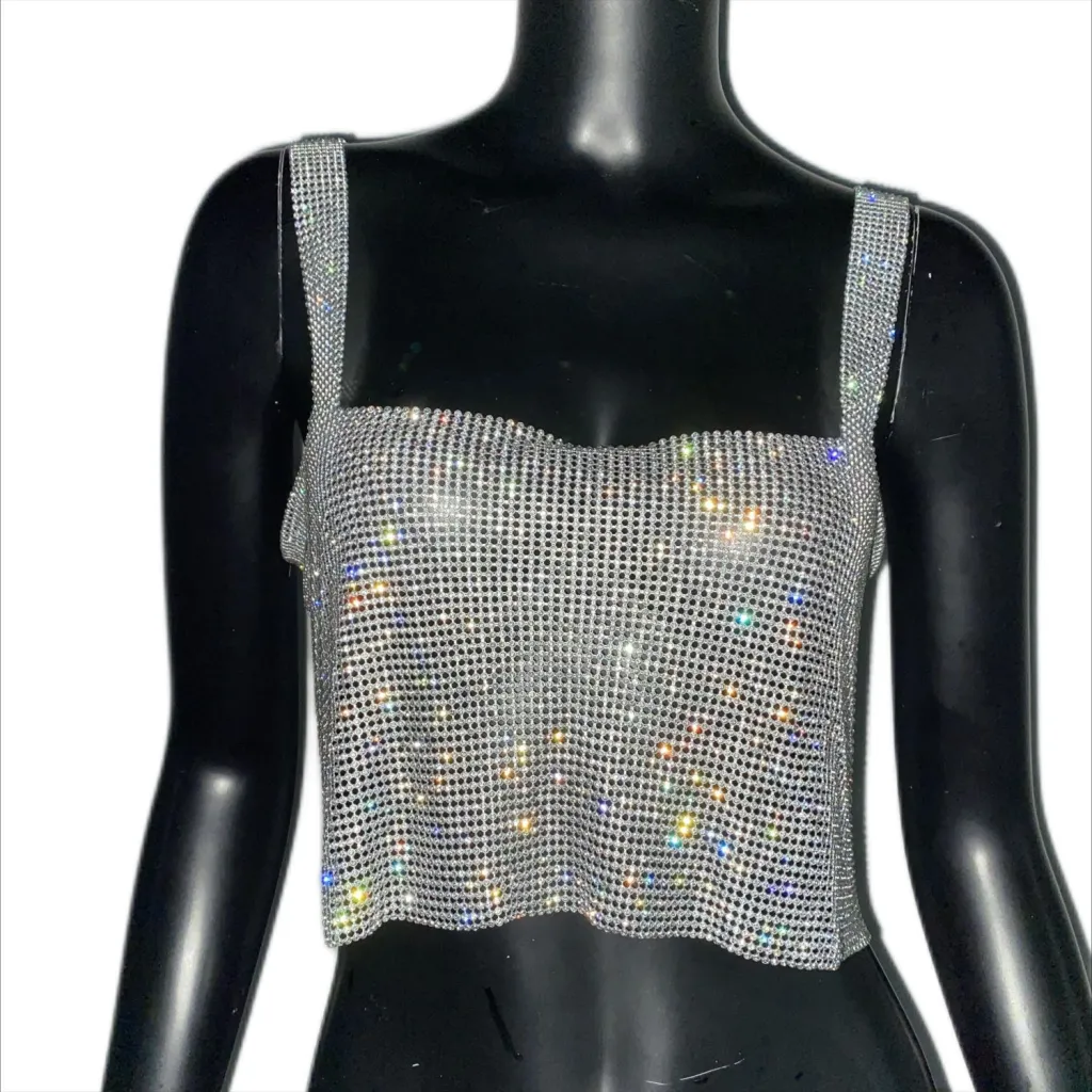 Women's Rhinestone Camisole Carnival Super Shiny Metal Rhinestone Top - Silver