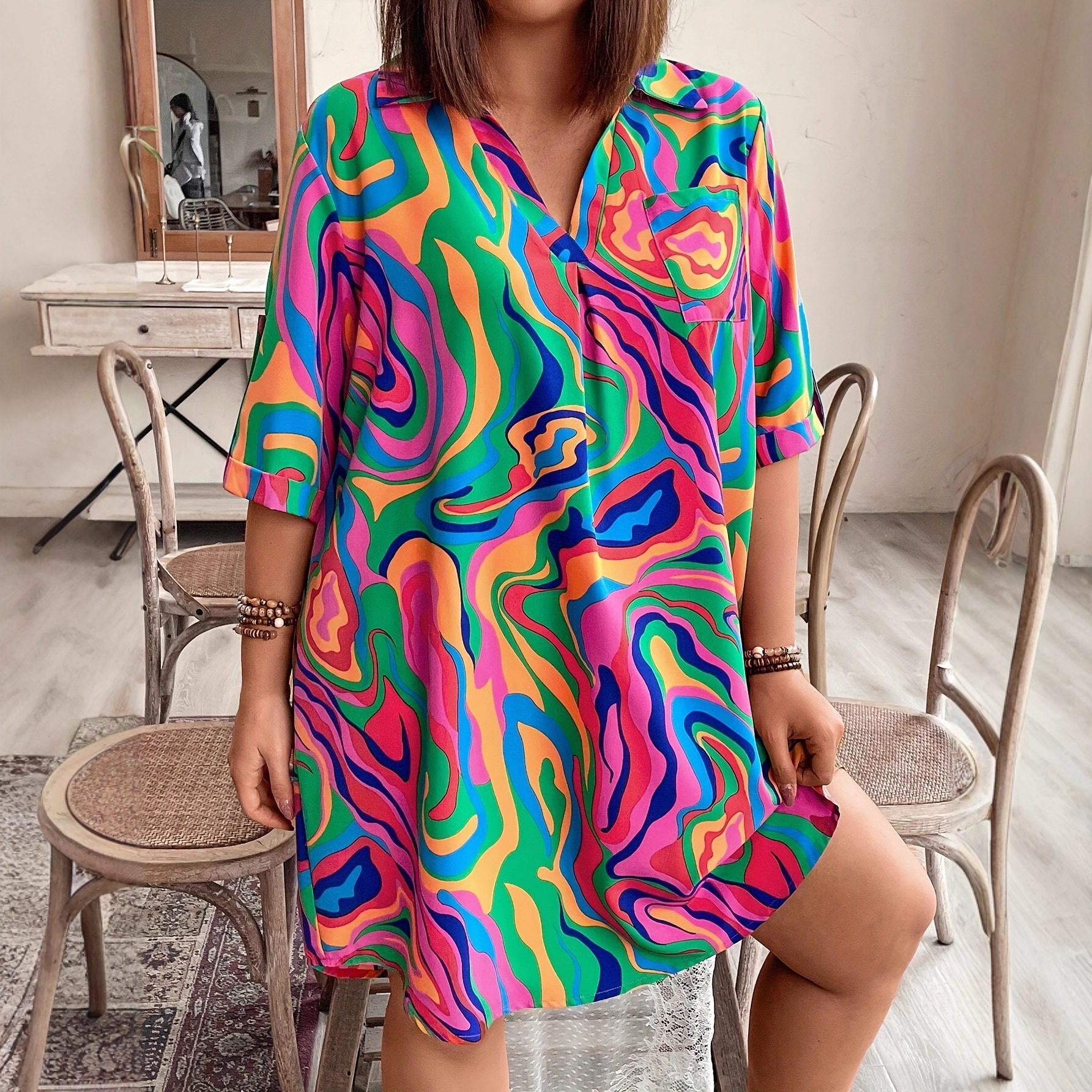 V-neck Loose-fit Tie-dye Knee-length Womens Dress