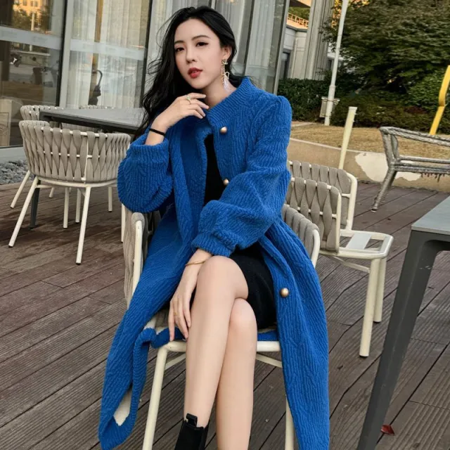 Thickened Long Section Stand Collar Faux Lamb Plush Fur Integrated Fur Environmental Protection Leather Women's Coat Blue - Shop at LoveMi