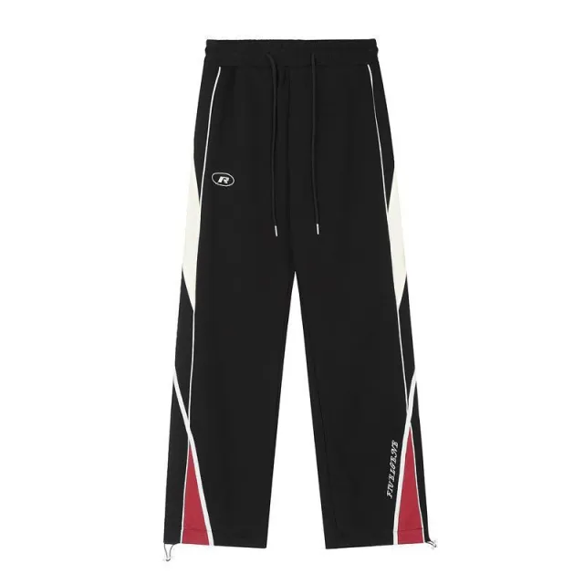 Retro Sports Pants Female Contrast Color Striped Design Straight Wide Leg Pants Loose Casual Black - Shop at LoveMi