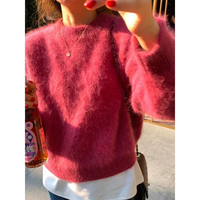 Fashion Retro Loose And Warm Solid Color Pullover Sweater Women Rose Red - Shop at LoveMi