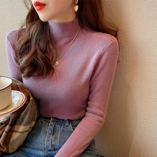 White Stand Collar Half Turtleneck Long sleeve Knitted Undershirt Purple - Shop at LoveMi