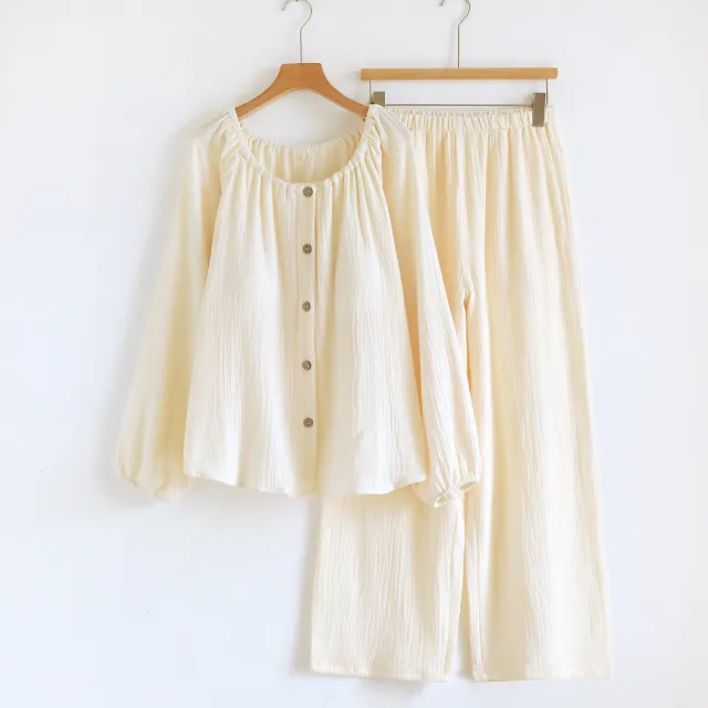 Women's Loose Long sleeve Long Pants Casual Comfortable Simple Pajama Set Beige - Shop at LoveMi