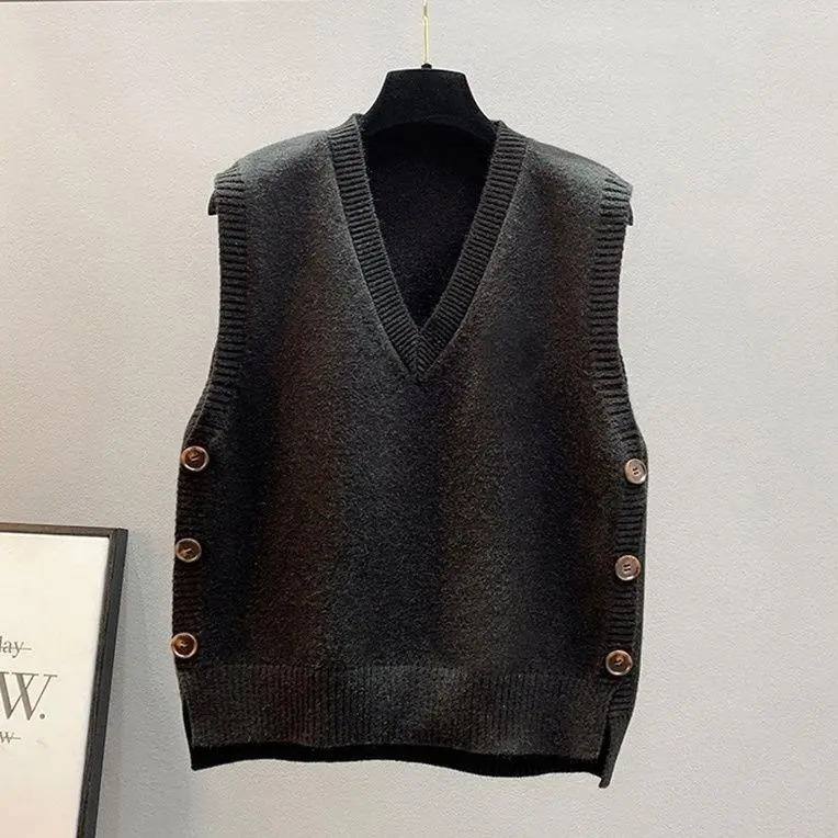 European And American Retro V-neck Knitted Vest Women's Spring Autumn Outerwear - Black