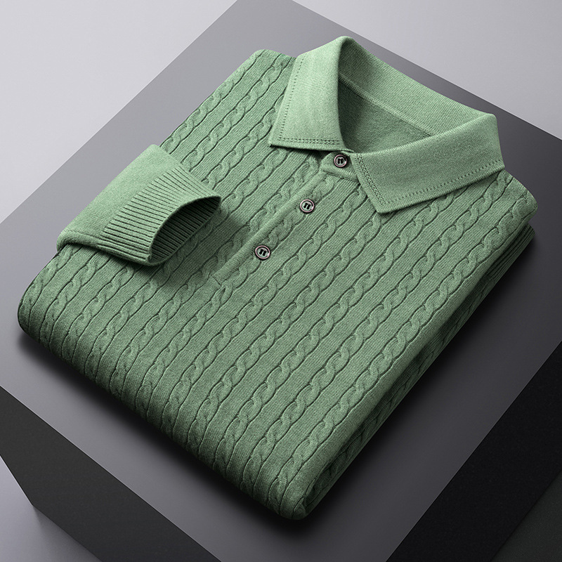 Autumn New Twisted Floral Polo Long Sleeve Loose Casual Bottoming Sweater For Men - Image 1