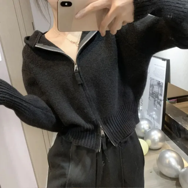Women's Double Zipper Sweater Coat Cardigan Black - Shop at LoveMi