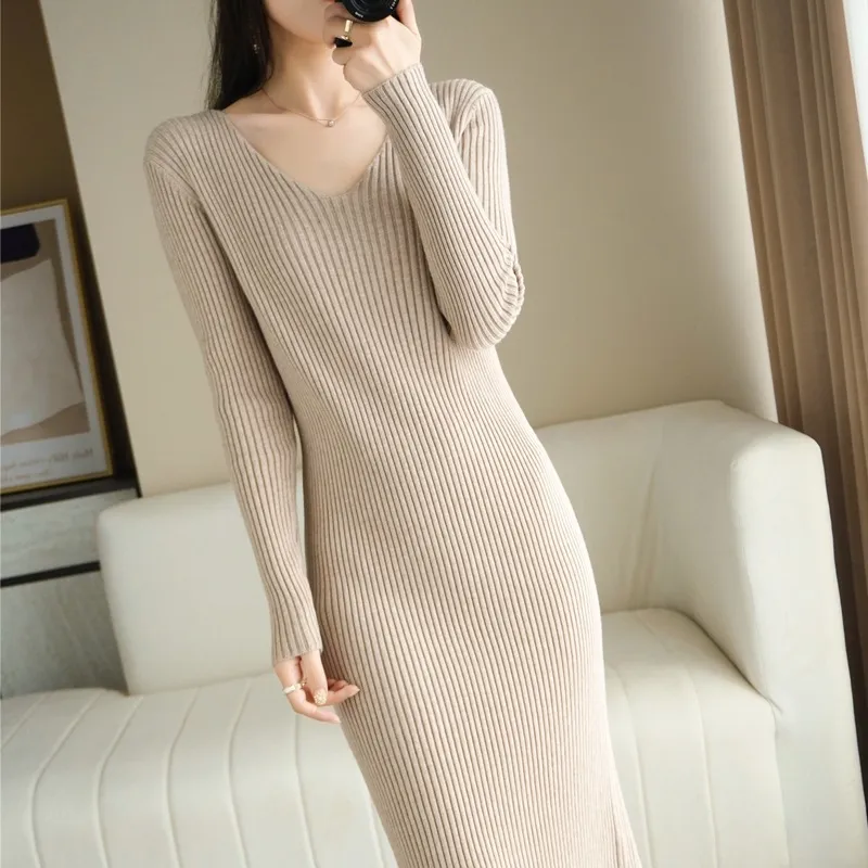 Long-sleeve Knitwear Autumn And Winter New Versatile Slim-fit V-neck Long Tight Sweater Dress For Women - Camel