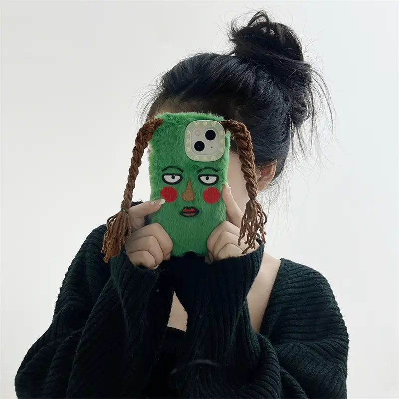 Funny Personality Plush Green Braid Expression Phone Case