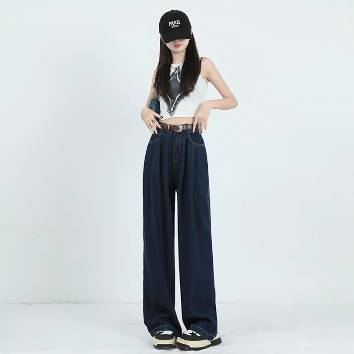 Korean Style Wide-leg Jeans High Waist Loose Pleated Straight Mop - Blue And Gray Lengthened