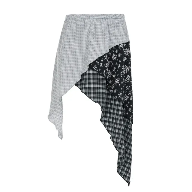 Niche Waste Soil Wind Street Irregular Plaid Floral Slimming Skirt Blue - Shop at LoveMi