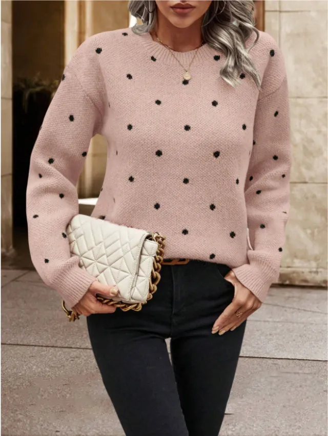 Fashion Round Neck Long Sleeve Pullover Sweater Polka Dot Print Knitwear Pink - Shop at LoveMi