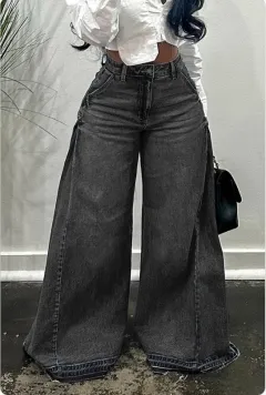 Loose Wide Leg Jeans Stitching Bell-bottom Pants Tassel Trousers - Black - View 1