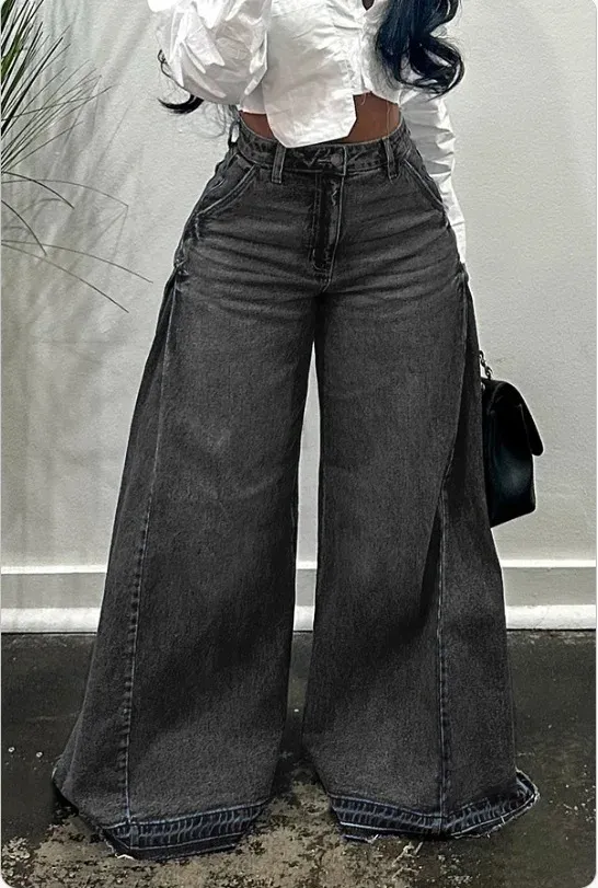 Loose Wide Leg Jeans Stitching Bell bottom Pants Tassel Trousers Black - Shop at LoveMi