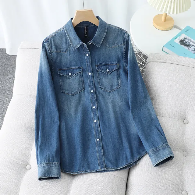 Retro Soft Denim Double pocket Shirt With Distressed Design Blue - Shop at LoveMi