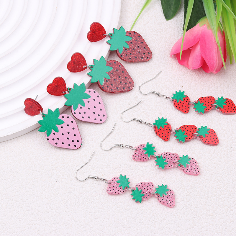 Womens Fashionable Strawberry-Print Acrylic Earrings