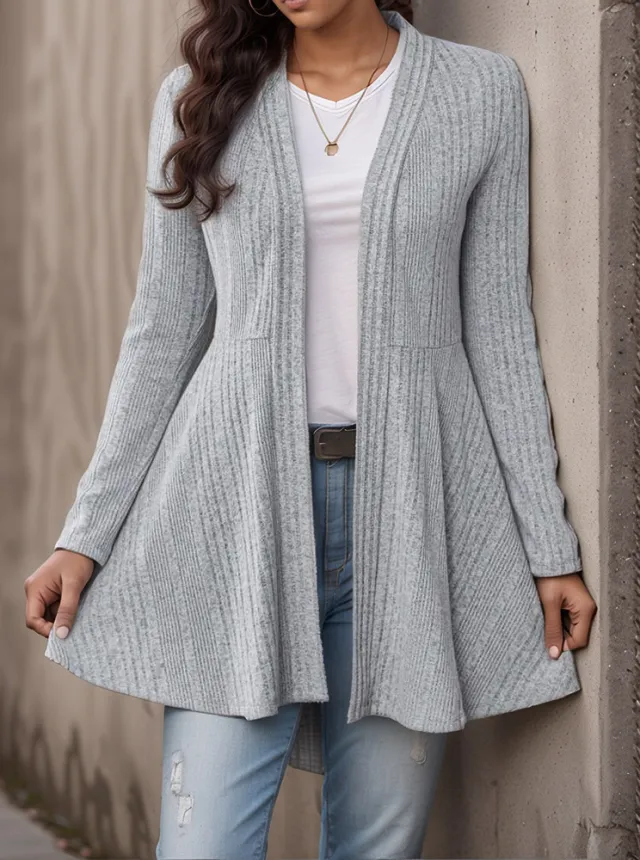 Women's Sunken Stripe Brushed Cardigan Casual Top Gray - Shop at LoveMi