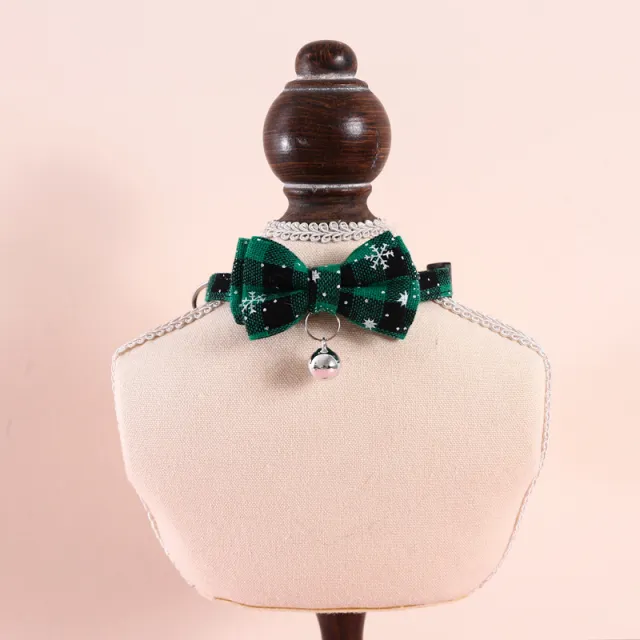 Pet Adjustable Anti suffocation Double layer Bow Snowflake Plaid Christmas Collar Cat Dog Bell Accessories Necklace Snowflake Green Grid - Shop at LoveMi