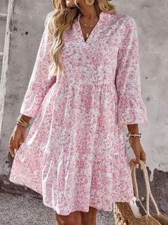 Loose V-neck Ruffle Floral Dress For Women - Pink - View 1