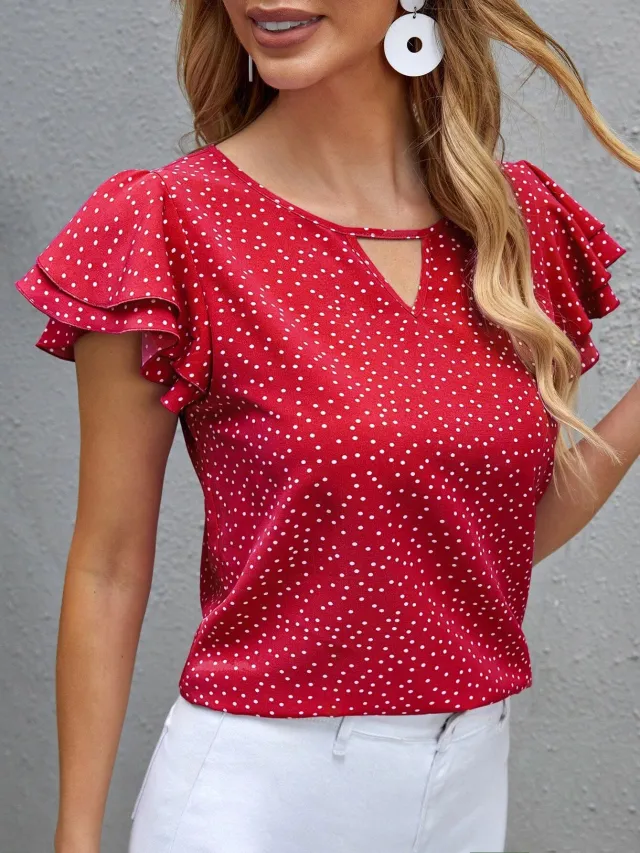 Women's New Polka Dot Ruffle Sleeve V neck Top Red - Shop at LoveMi