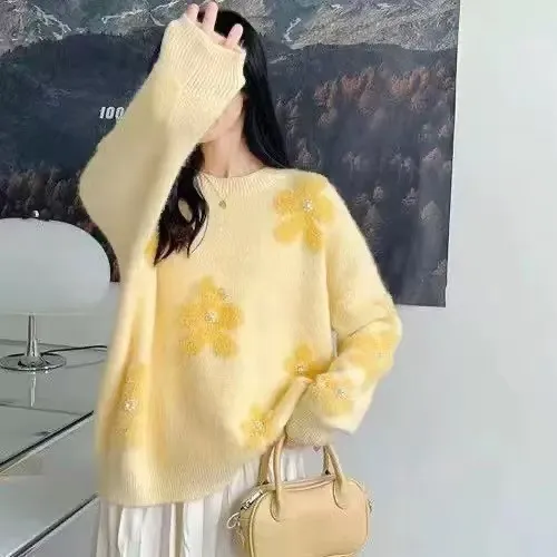 Women's Korean style Flower Round Neck Sweater Yellow - Shop at LoveMi
