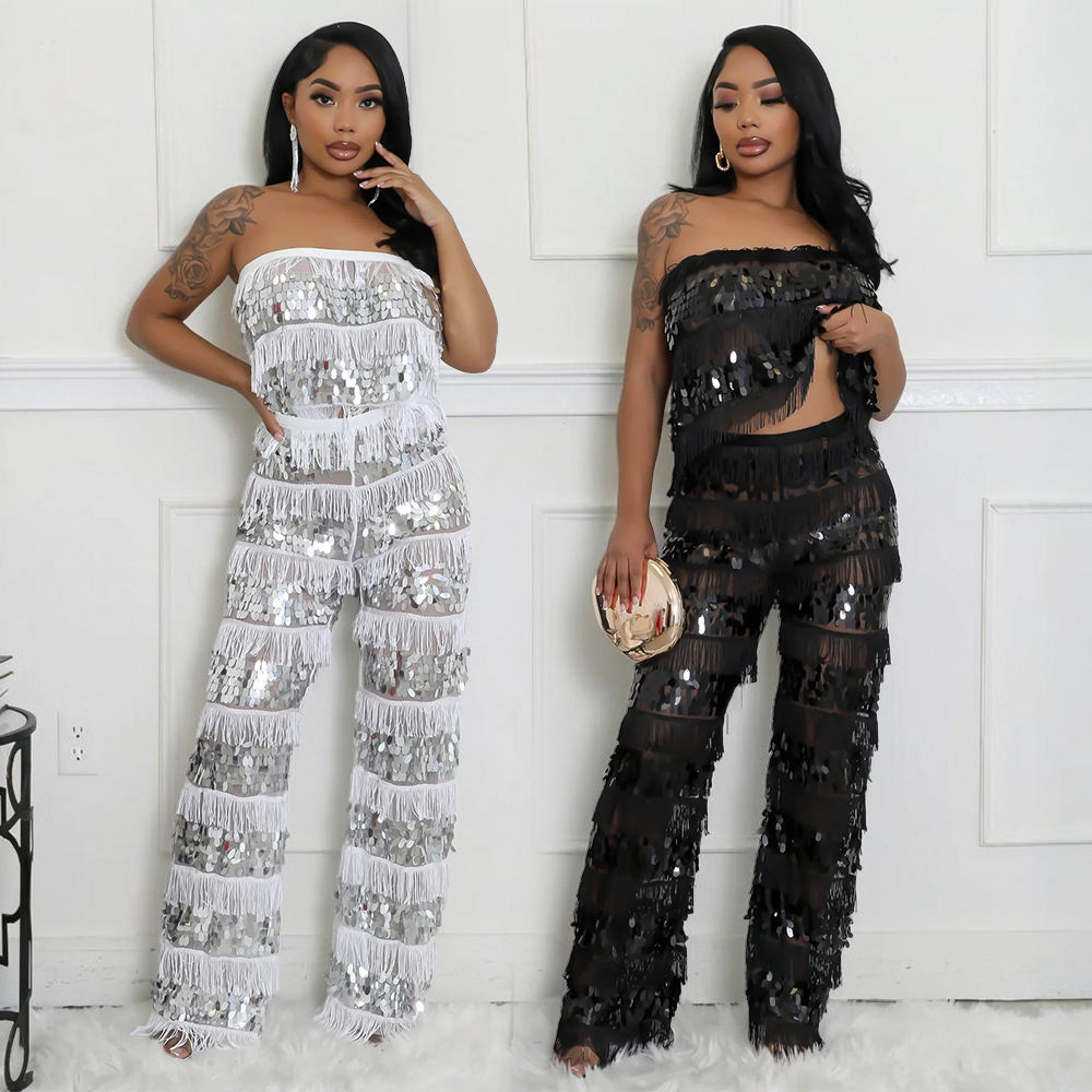 Strapless Top Paired With Loose-fitting Trouserssexy Two-piece Set